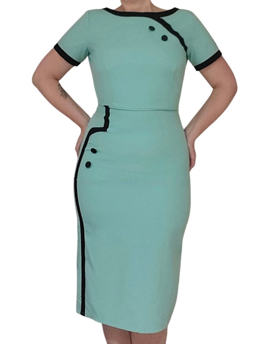 Tatyana Mint Green Retro Wiggle Dress Asymmetric Black Trim Large Retro